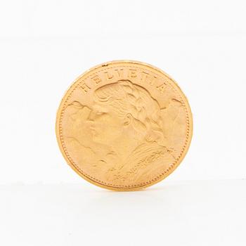 Gold coin 20 francs 1927 Switzerland.