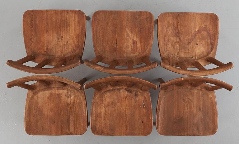 Axel Einar Hjorth, a set of six stained pine 'Utö' chairs, Nordiska Kompaniet, Sweden 1930s.