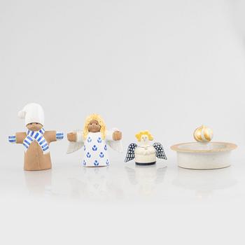 Lisa Larson, ljusstakar, 3 st "Julius", "Juliana" och "Ängel" samt skål "Guldknopp", stengods, Gustavsberg.