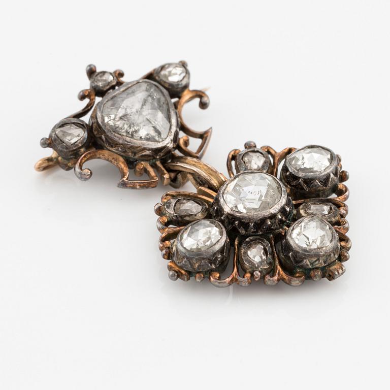 A  14K gold and silver brooch with rose-cut diamonds, 19th century.
