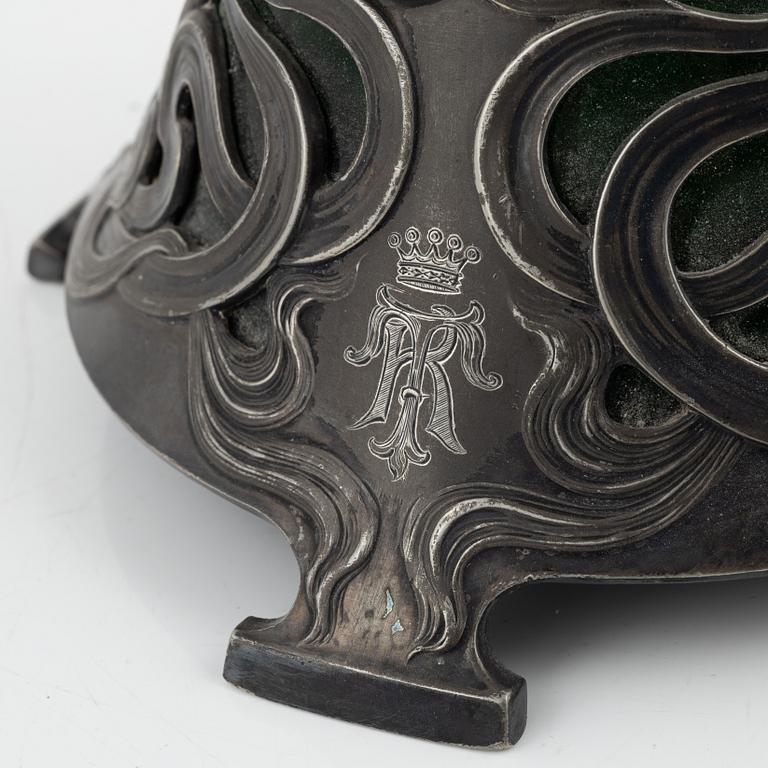 A silver plate and glass decanter, Art Nouveau, early 20th century.