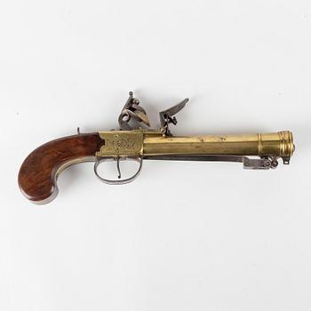 A Wallis brass blunderbuss flintlock pistol, early 19th Century.