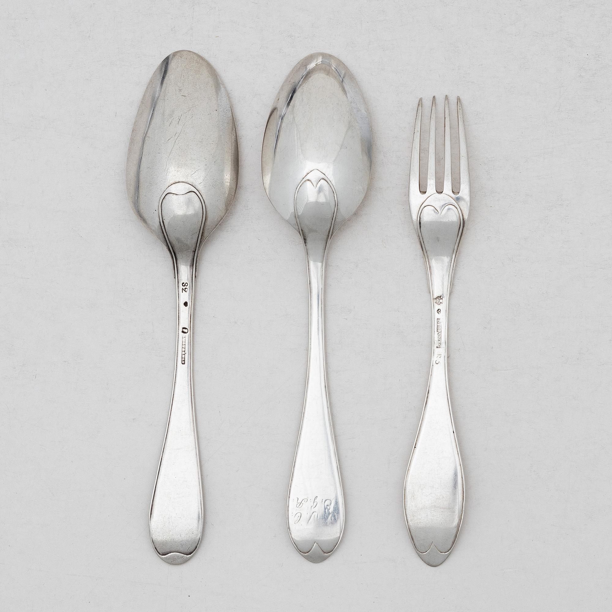 Bengt Törnberg, forks, 12 pcs, and Stephan Westerstråhle and Niklas Ramberg, spoons, a pair, early 19th century.