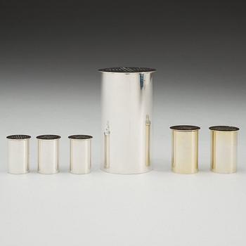 A set of six Wiwen Nilsson sterling cylindrical spice jars, Lund 1965 and -69.