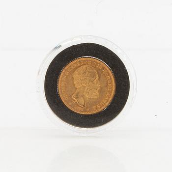 Guldmynt Sverige, Oscar II 10 kr, 1883, stort LA utan punkter.