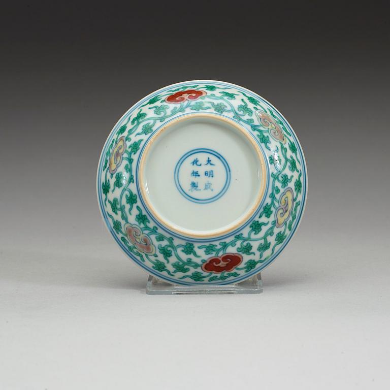 A doucai dish, presumably Republic (1912-1949), with Chenghua six character mark.