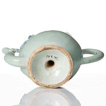 A celadon and underglaze blue and red glazed Cadogan tea pot, Qing dynasty, 19th Century.