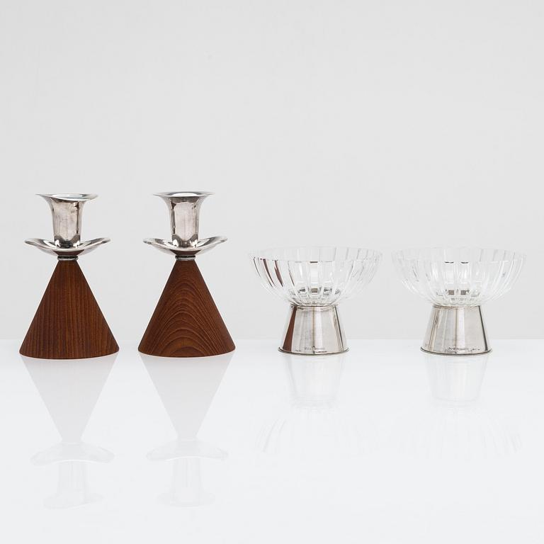 Two pairs of candlesticks, one designed by Saara Hopea, Kultakeskus, Hämeenlinna 1965.