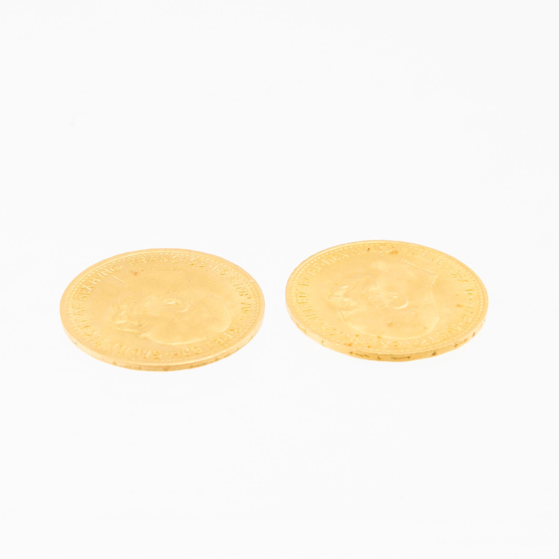 Gold coins, 2 pcs, 10 francs, 1912, Austria, Emperor Franz Joseph I.