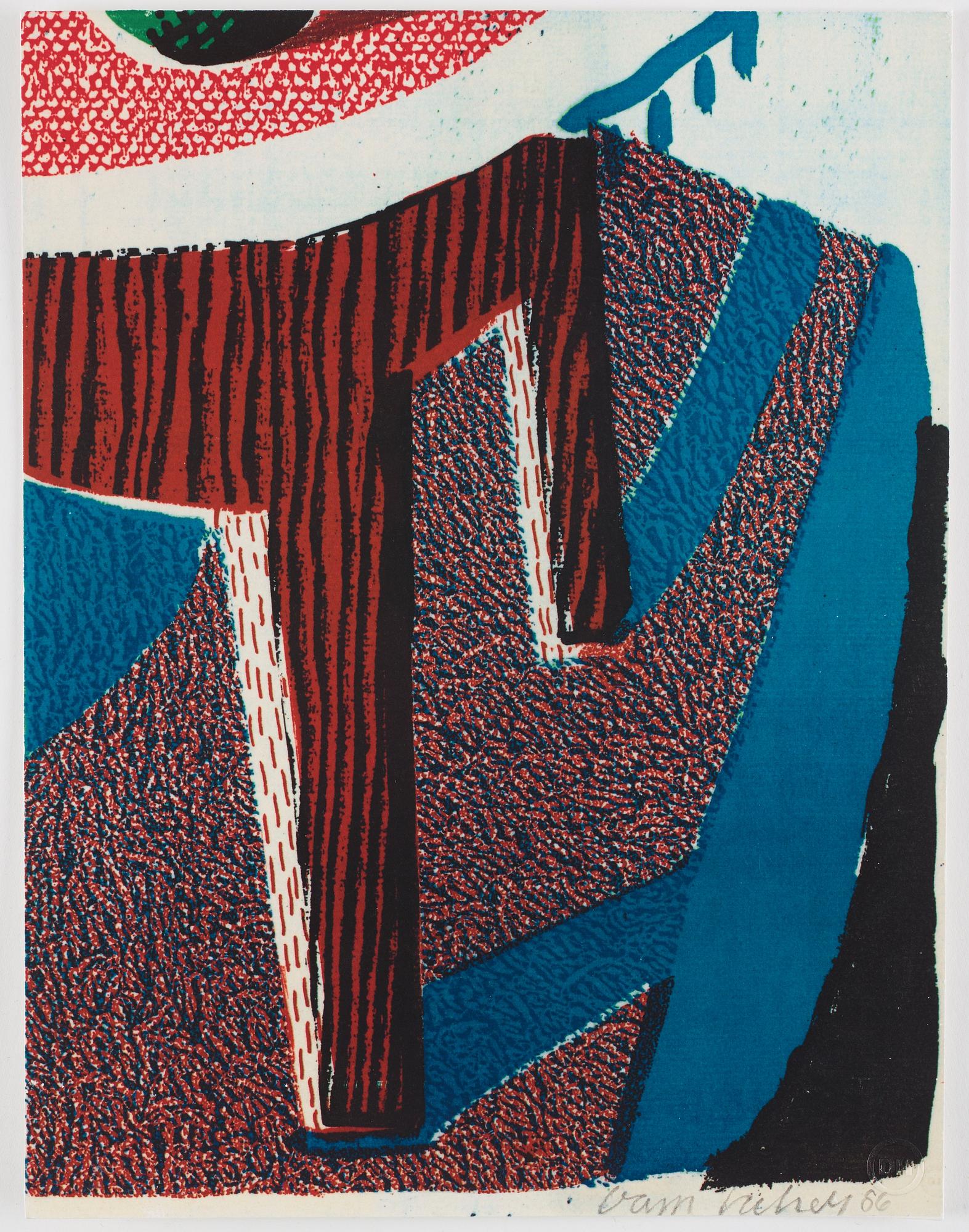 David Hockney, "Flowers, apple and pear on table".