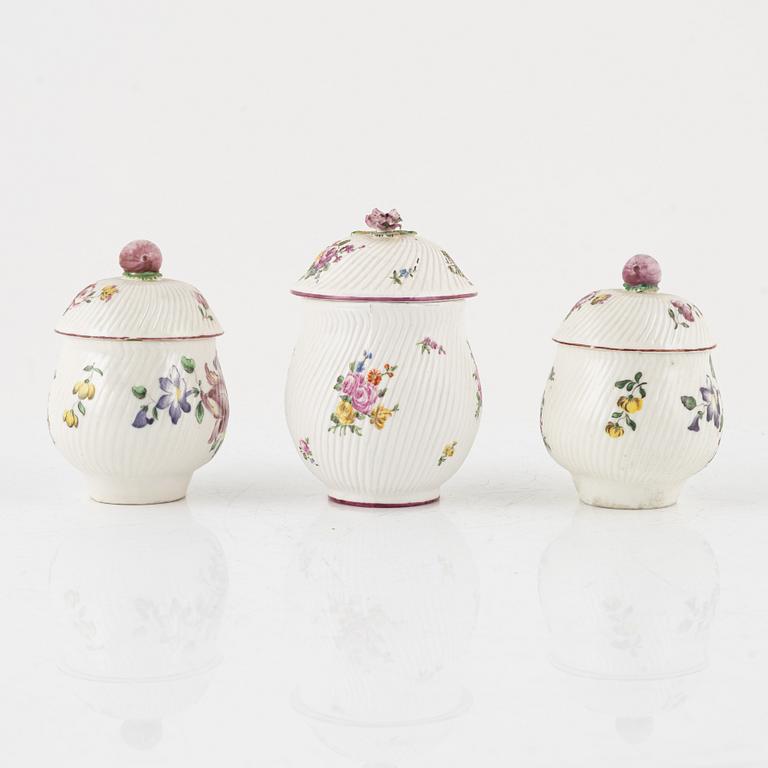 A set of three Marieberg custard cups with covers, 18th Century.
