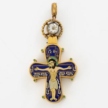 Cross 18K gold with enamel and white stone with relic compartment.
