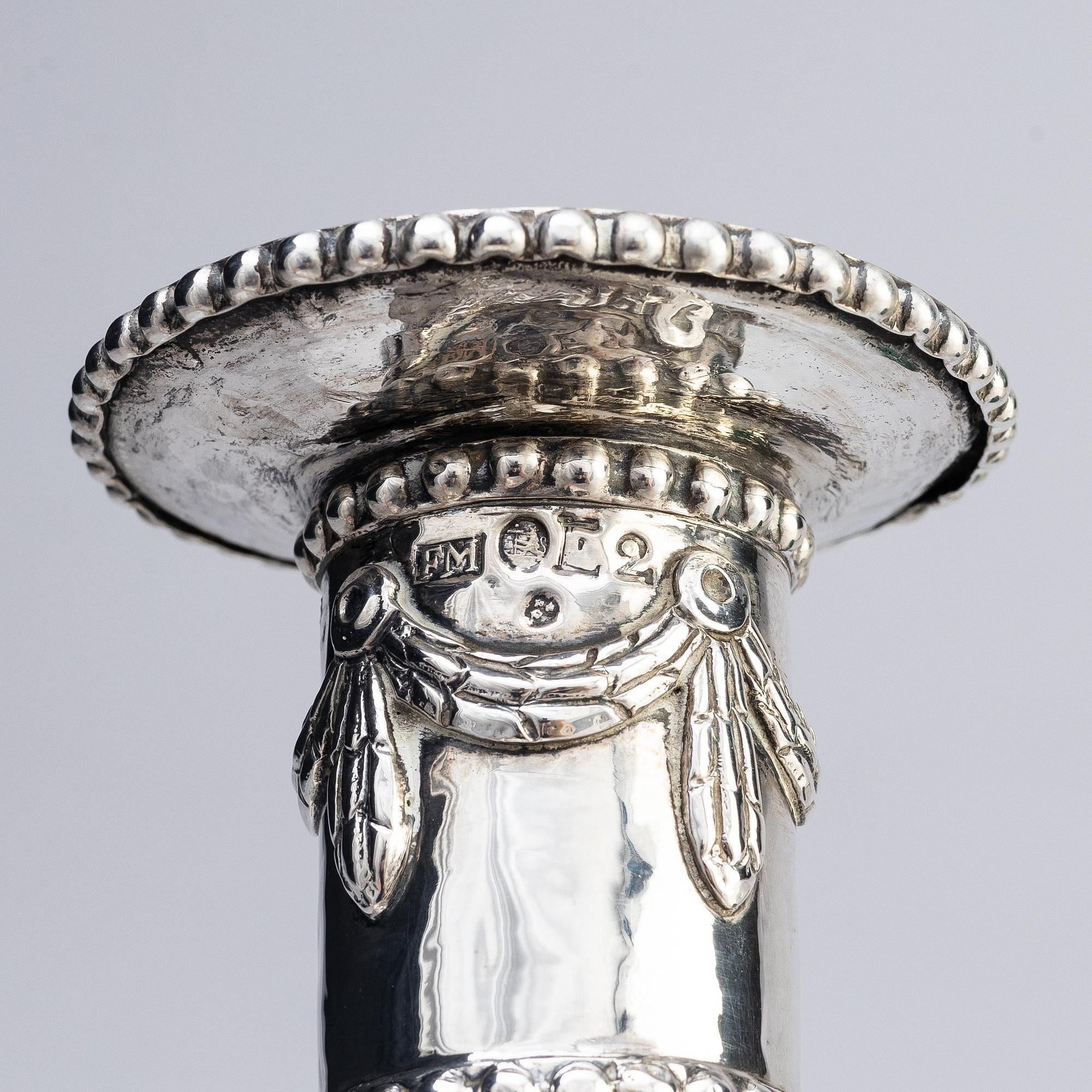 A pair of Swedish 18th century silver candlesticks, marks of Fredric Meyer, Karlshamn 1787.