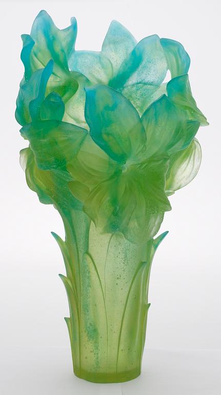 An 'Amaryllis' pate-de-cristal green and turqiose vase by Daum, contemporary make, signed and numbered. Certificate and perfume enclosed.