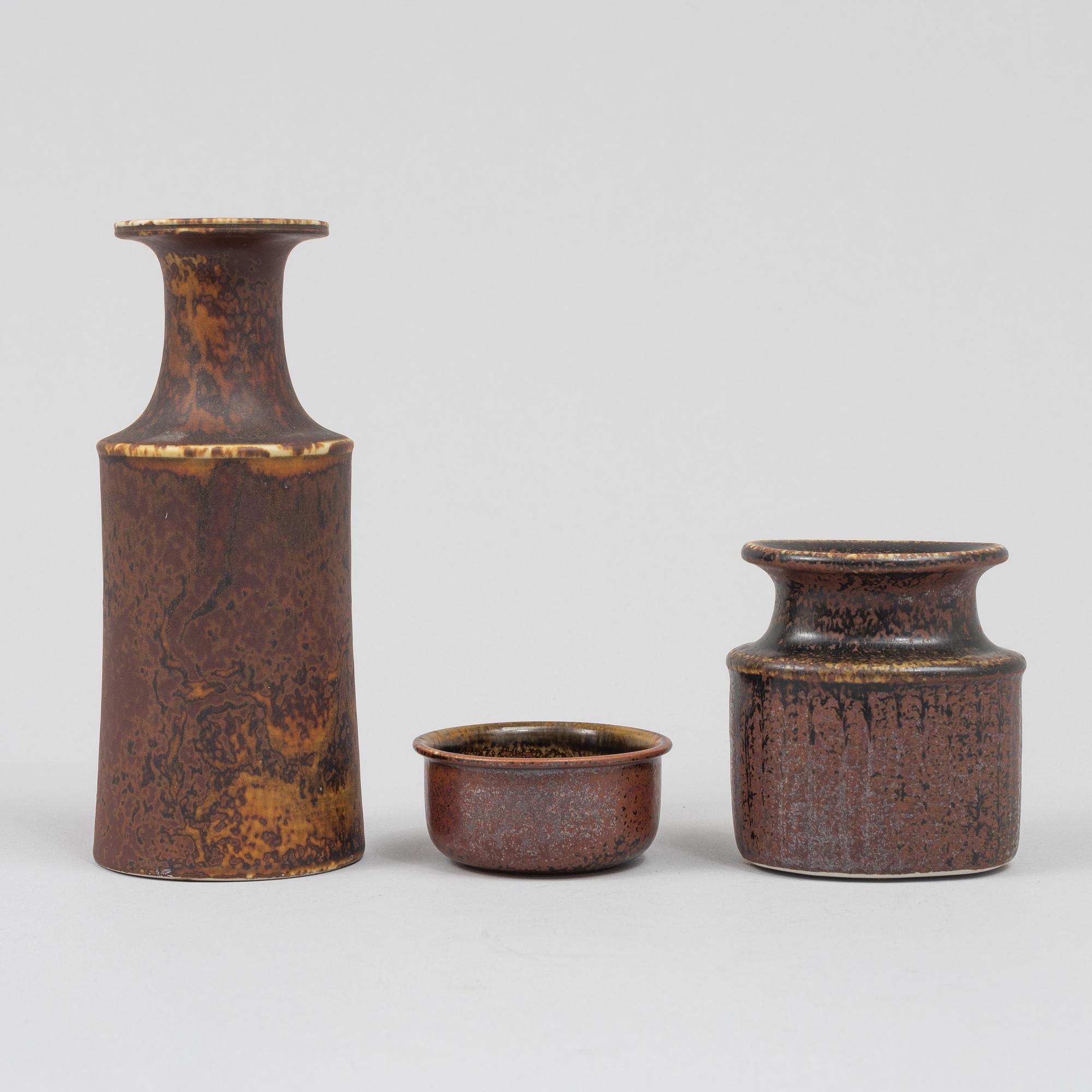Stig Lindberg, two stoneware vases and a bowl, Gustavsbergs studio.