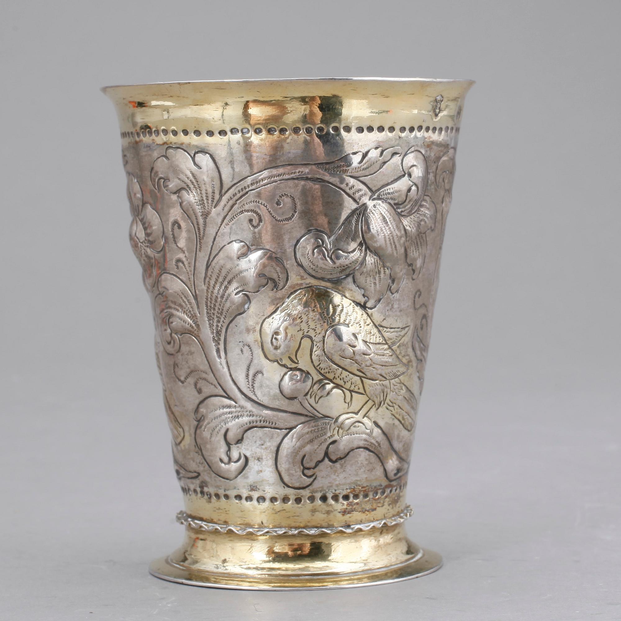 BÄGARE, silver, möjligen av Conrad Jacob Keseberg, Danzig, omkring år 1700. Vikt ca 143g.