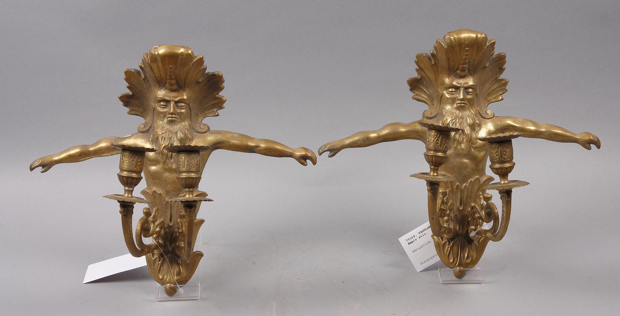 VÄGGLAMPETTER, ett par, empirestil, mässing, 1800/1900-tal.