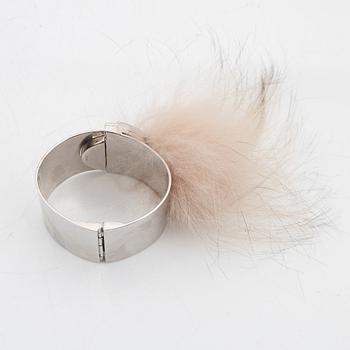 Fendi, a silvertone metal, rhinestone and fur bracelet.