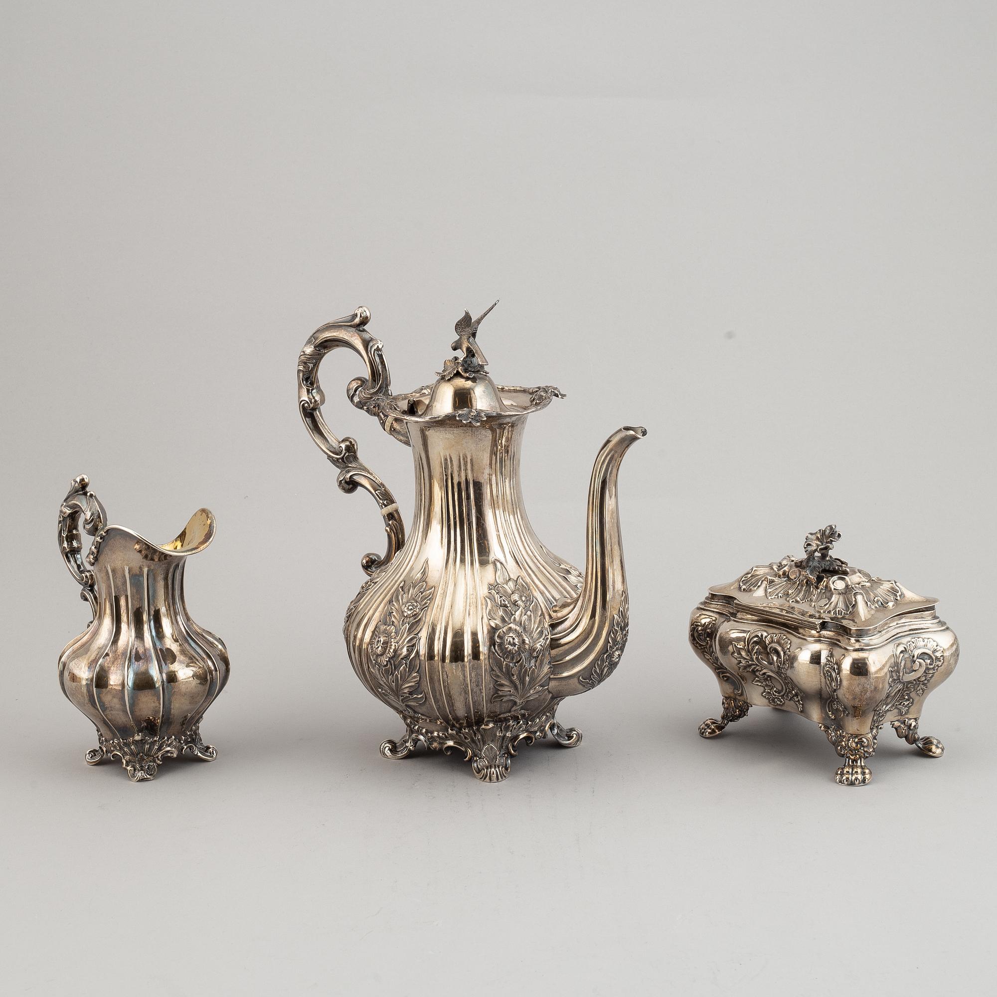 A Swedish matched three-piece coffe-set, mark of Mollenborg, Stockholm 1845 and 1852.
