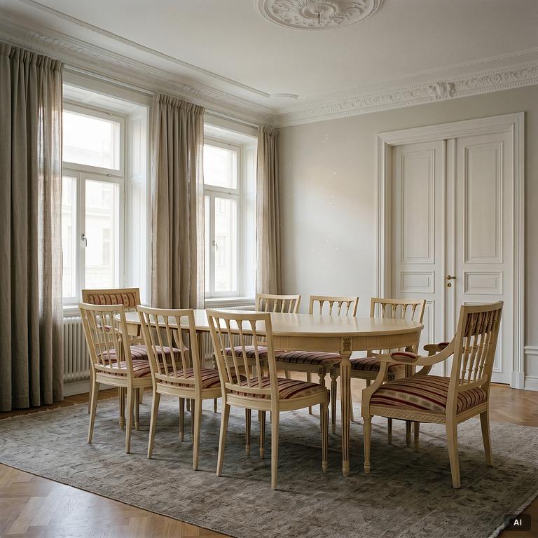 A dining group, 9 pieces, Gustavian style, second half of the 20th century.