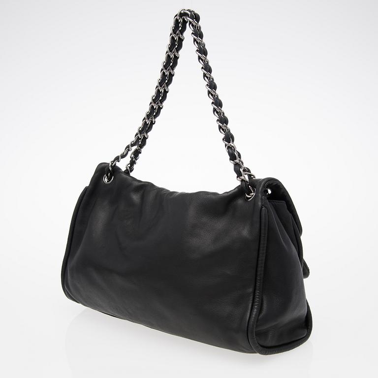 A Black Leather Double Mademoiselle Lock Flap Bag.