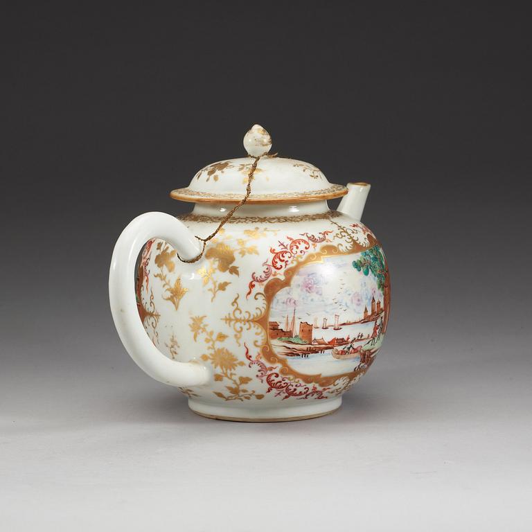 A large famille rose 'European Subject' tea pot with cover, Qing dynasty, Qianlong (1736-95).
