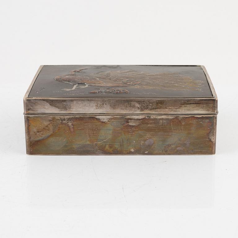 A Japanese silvered box, 20th Century. Signed.