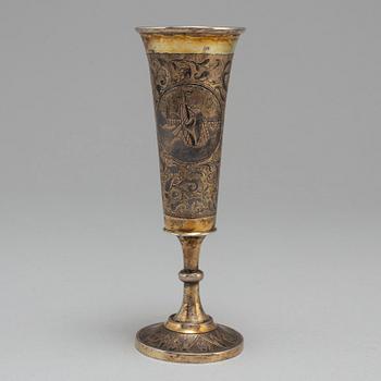 A Russian 19th century silver-gilt and niello champagne flute, unidentified makers mark, Moscow first half of 19th c.