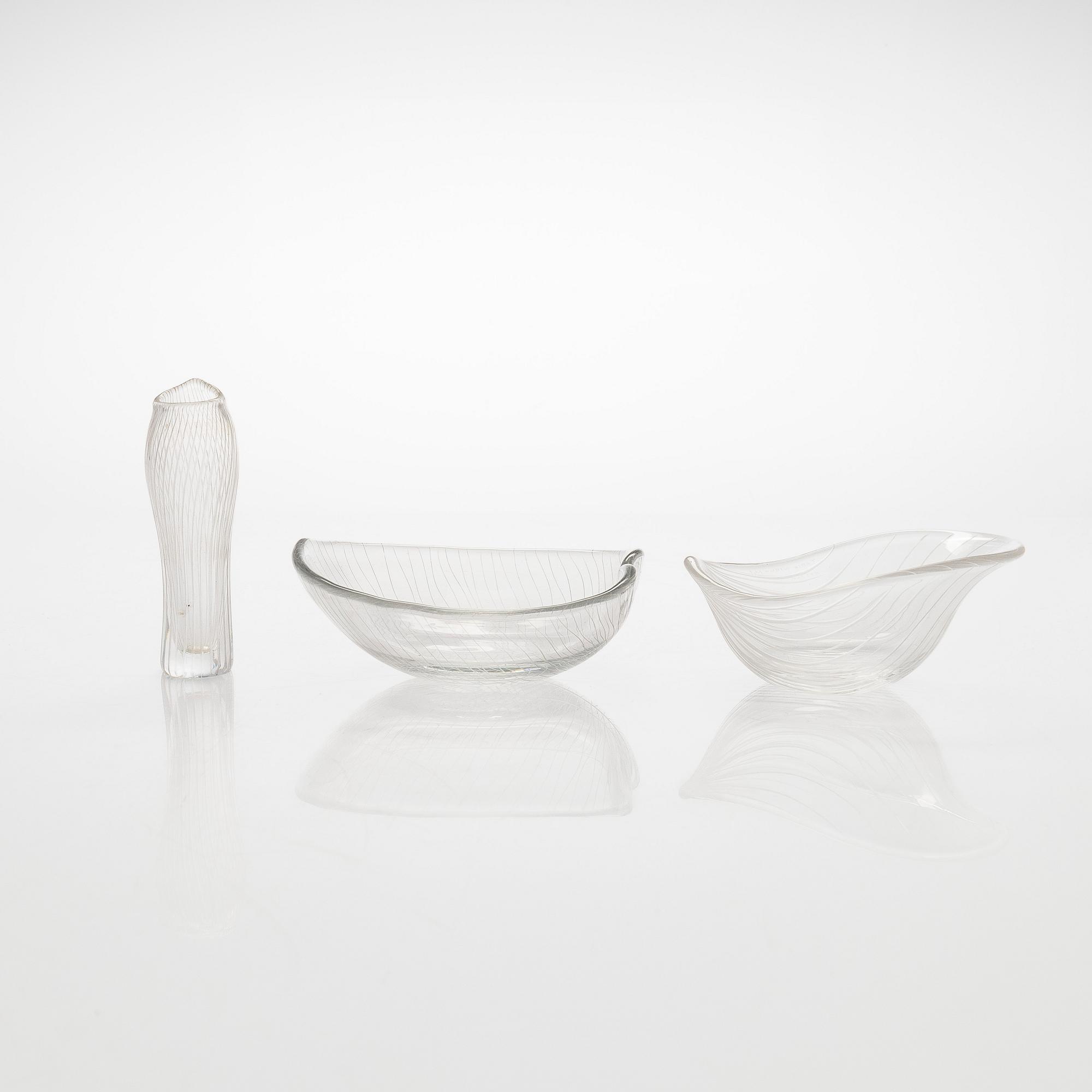 Tapio Wirkkala, a set of three mid-20th century, small line cut art glass objects, signed, Iittala.