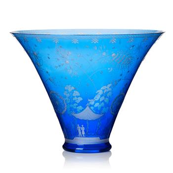 6. Edward Hald, an engraved blue glass "Fyrverkeriskålen" glass bowl, Orrefors 1957, engraved by Karl Rössler.