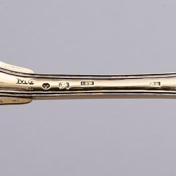 A set of five pieces gilt-silver travel cutlery, mark of Johan Abraham Hallard, Stockholm 1794.