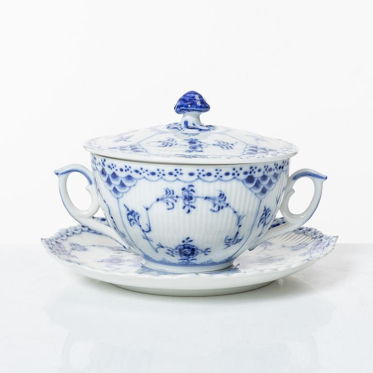 Royal Copenhagen, twelve consommé cups with saucers, 'Blue Fluted Half Lace', Denmark.