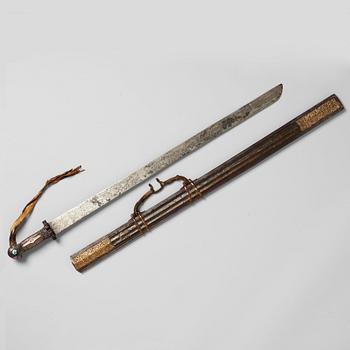 200. A Tibetan classig long broad blade sword with scabbard, 19th Century.