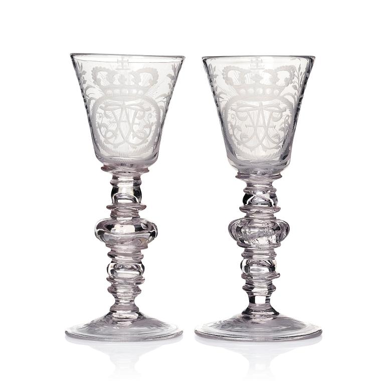 A pair of Swedish glass goblets, presumably Kungsholms glass manufactory, 18th Century.