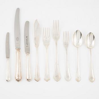 A silver flatwear set, 65 + 19 pieces, two similar models, including Garmany and Swedish import marks.