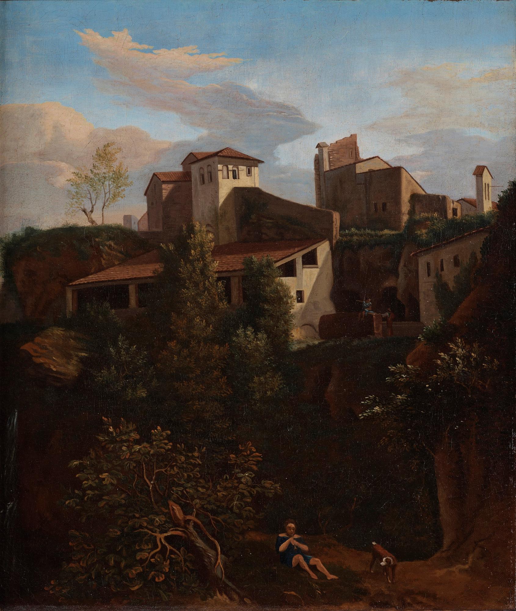 Italian school 18th century. Resting figures outside the village.