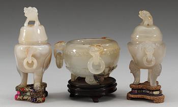 A Chinese agate censer and two tripod jars and covers.