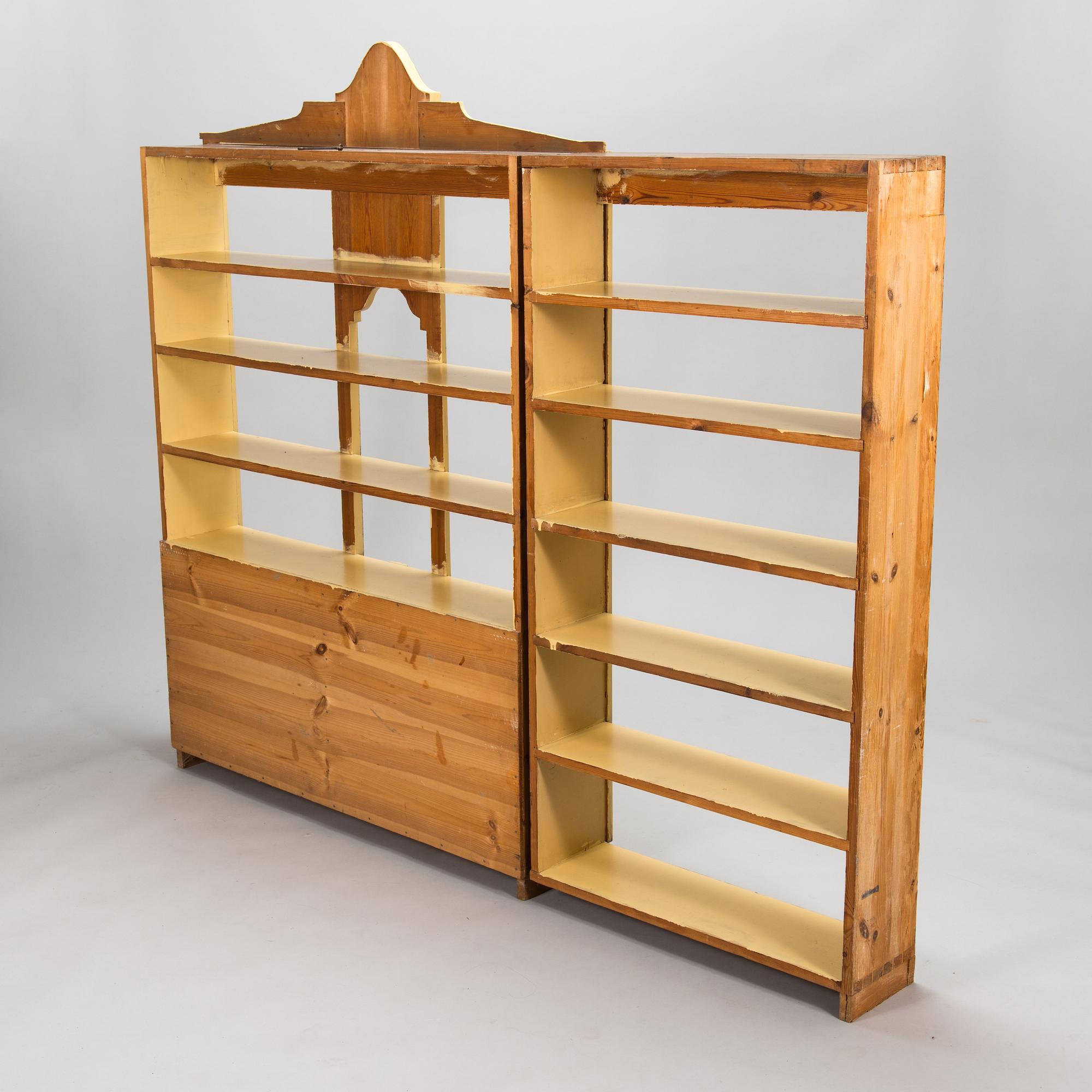 Two wall cabinets and shelves, Sagu pharmacy furniture, Finland early 20th century.