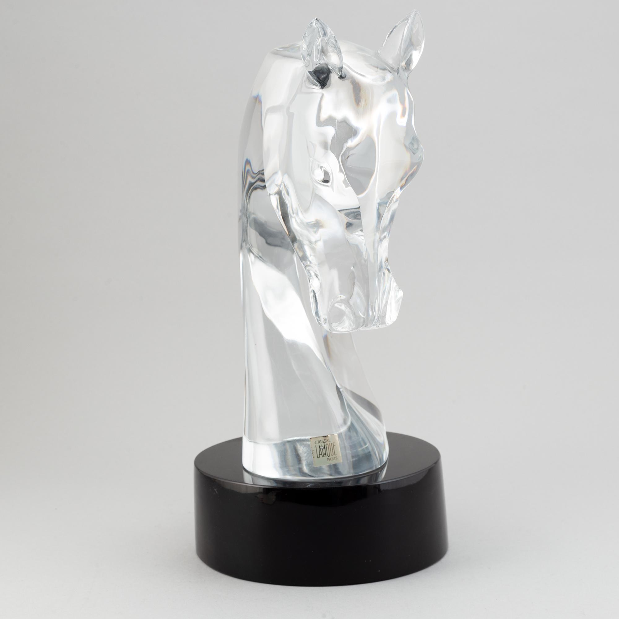 A Lalique Tête de Cheval Glass Horse Head Sculpture, signed.