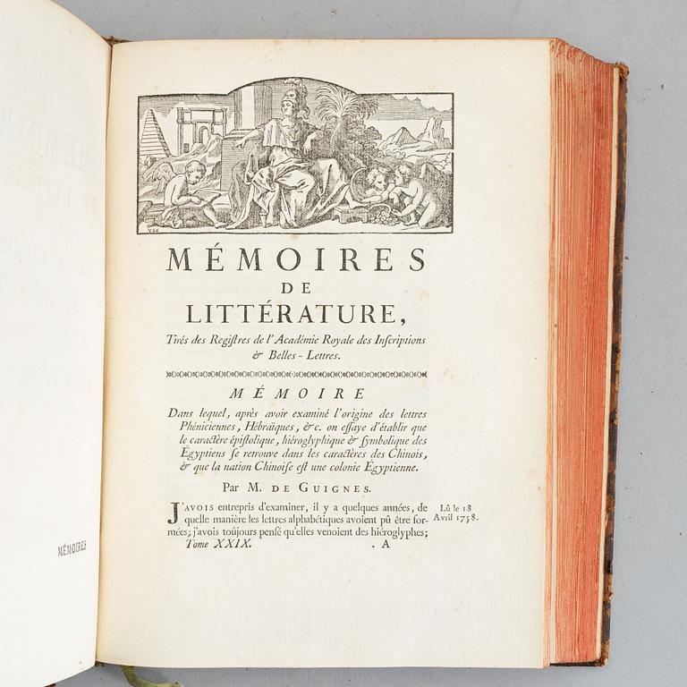 Histoire de L’Academie Royale des Inscriptions et Belles Lettres depuis son establissement jusqu’a présent. 35 volumes.