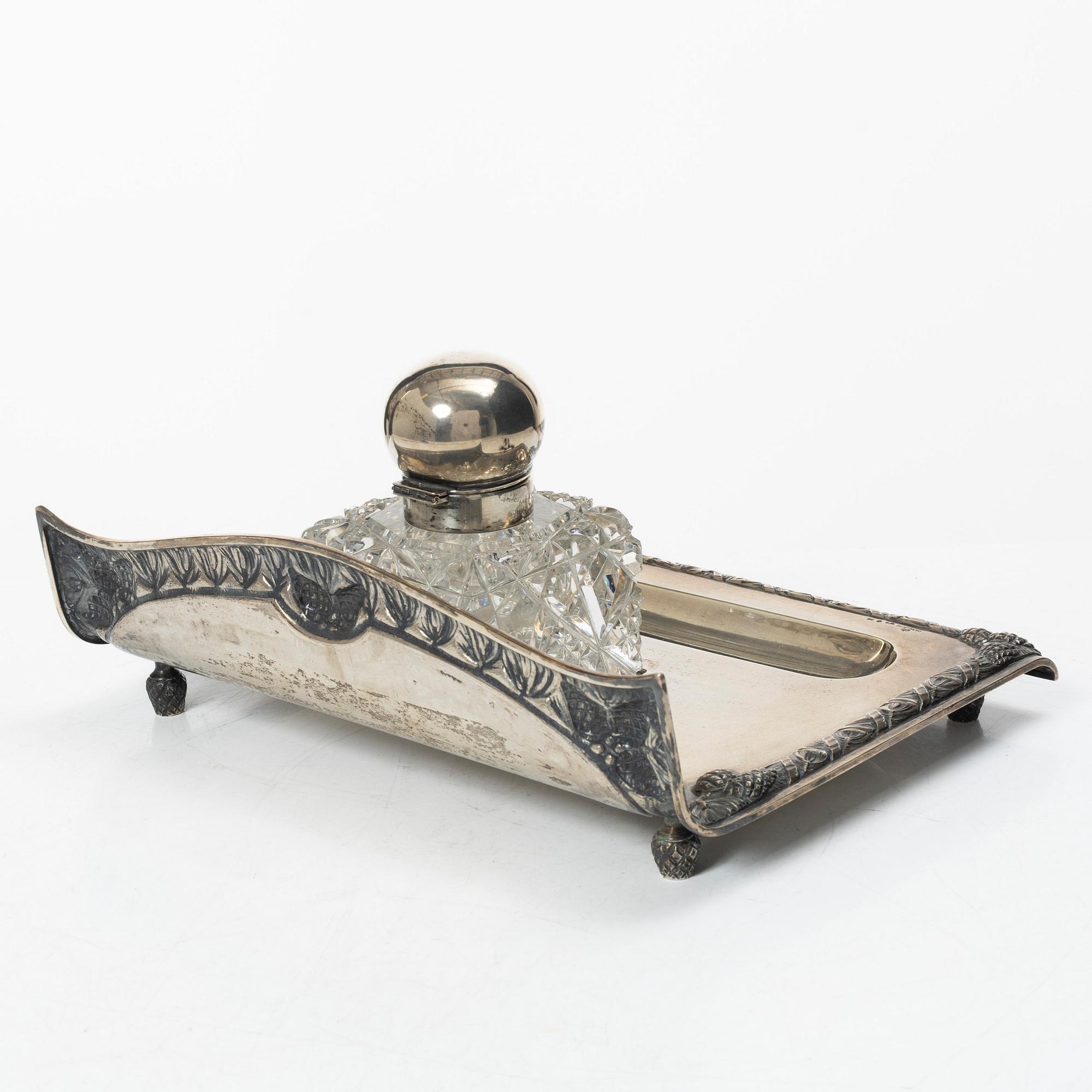 Jugend/Art Nouveau, CG Hallberg, writing desk, silver and glass, Stockholm 1916.