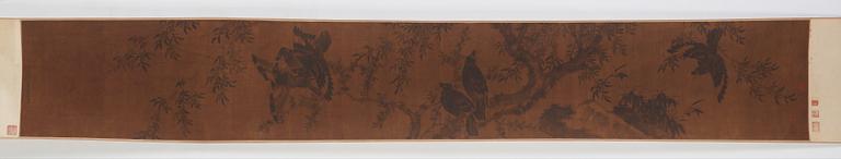 A handscroll of magpies in the style of Lin Chun (active c. 1174-1189), Qing dynasty, 18th Century.