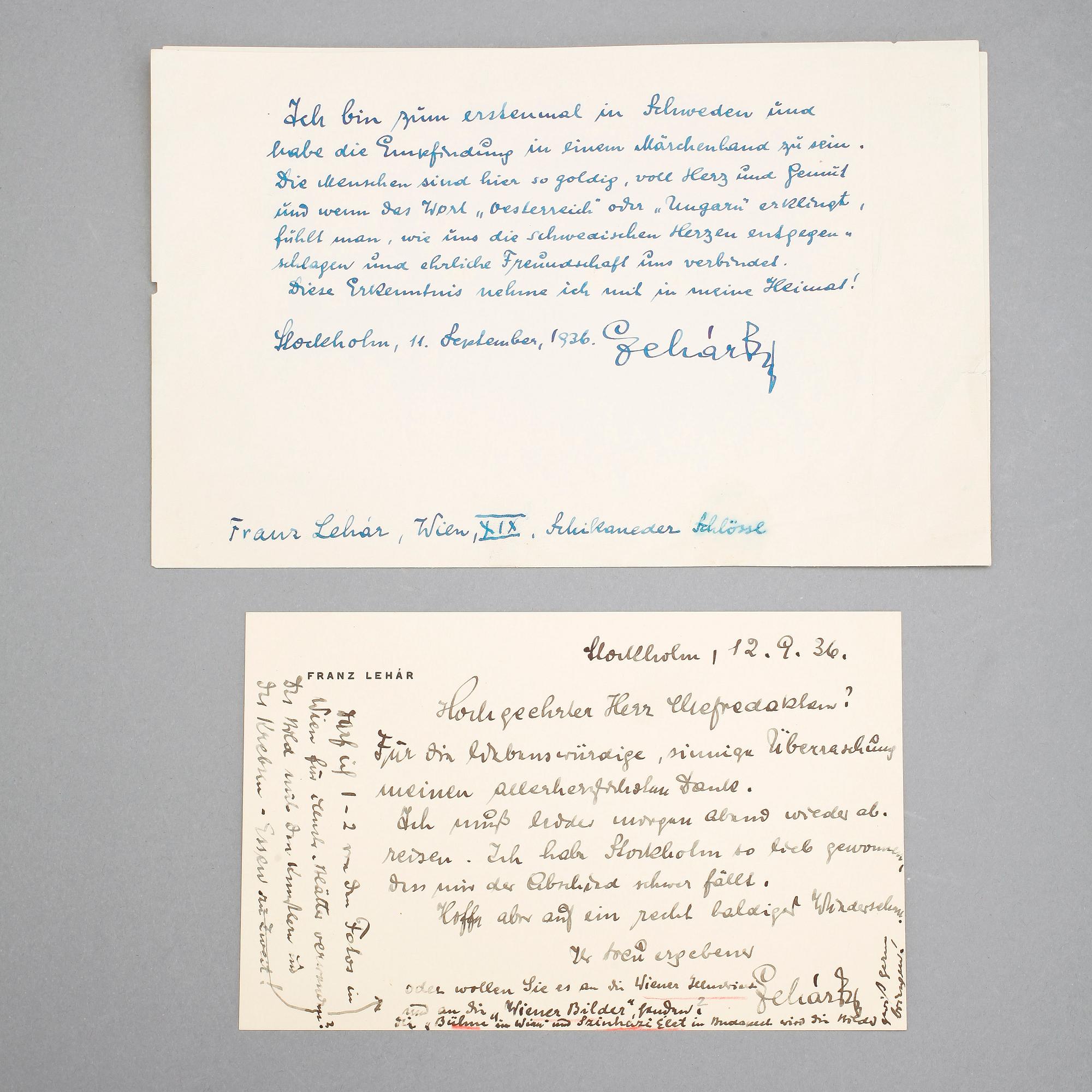 FRANZ LEHÁR (1870-1948), två egenhändiga brev resp ett kort med namnteckning, breven dat Stockholm 1936.