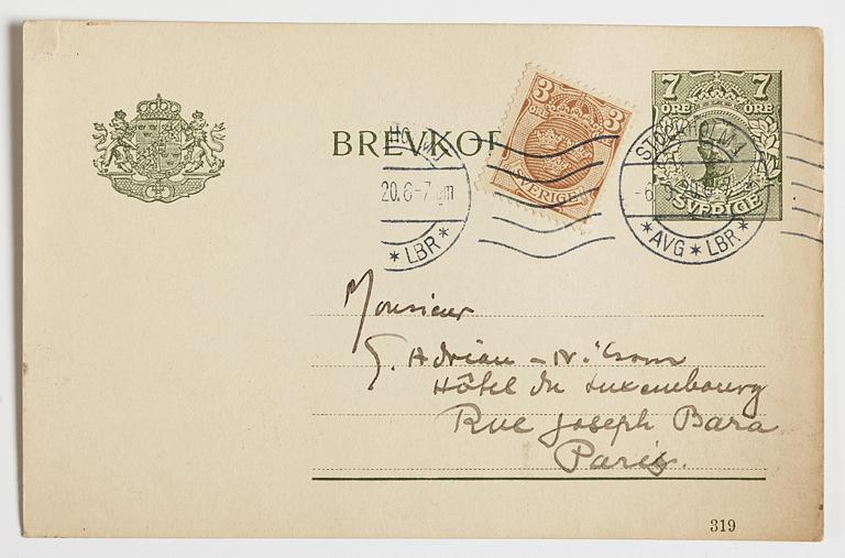 LETTERS (2) and POSTCARD to GAN (Gösta Adrian-Nilsson) from, among others, Vilhelm Bjerke-Petersen and Edvin Ganborg.