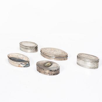 Five silver boxes, 19th century.