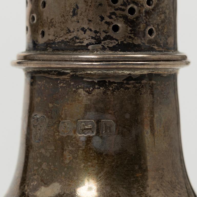Two silver casters and cream jug, England.
