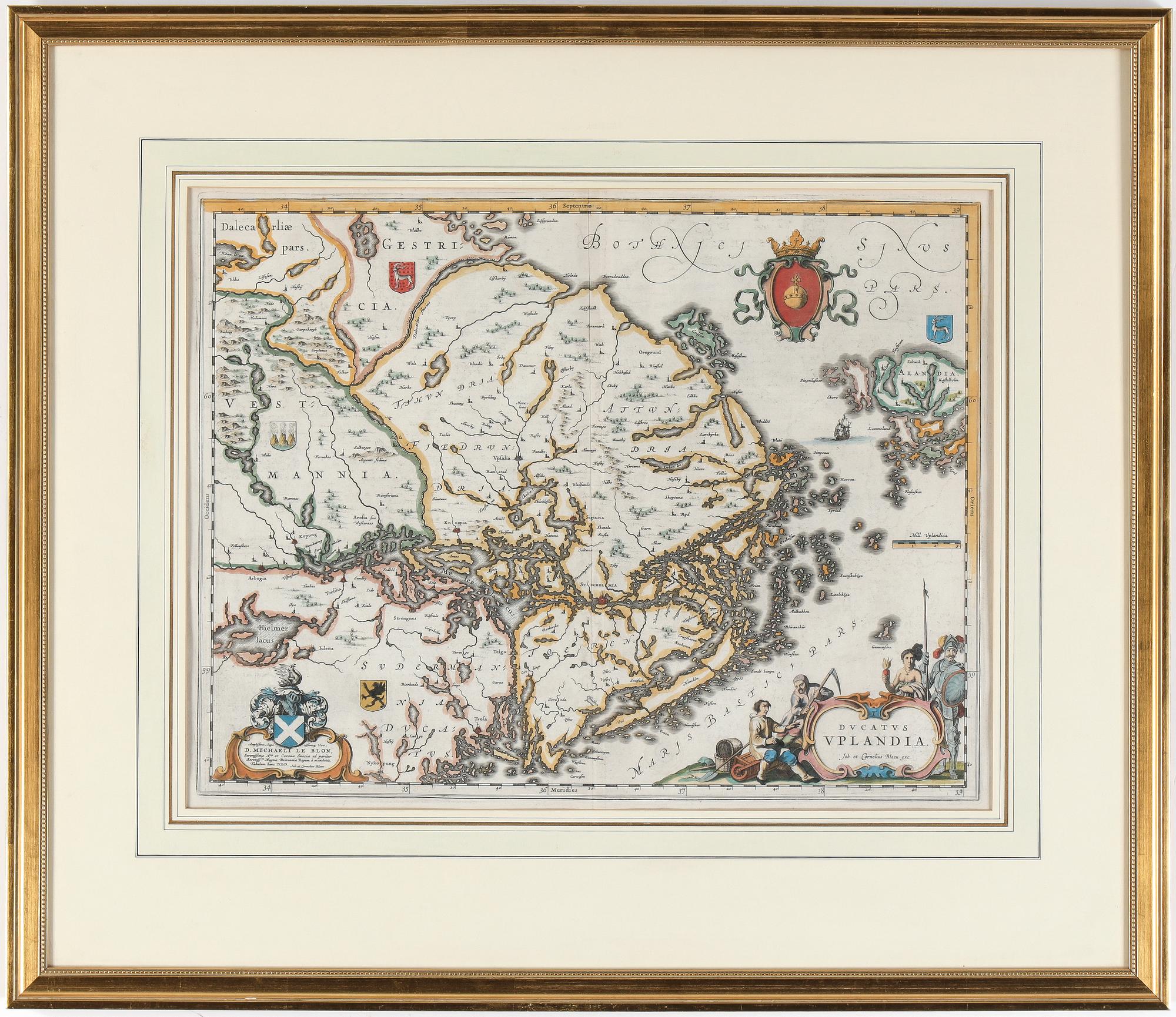 KARTA, kopparstick, delvis handkolorerad, Ducatus Uplandia, Johan et Cornelius Blaeu, efter, 1600-/1700-tal.