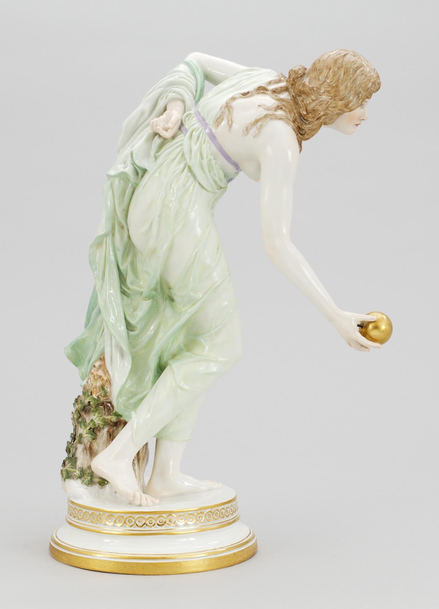 A Walter Schott Art Nouveau porcelain figure, 'Kugelspielerin', Meissen, Germany circa 1900.