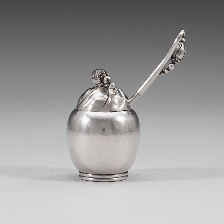 A Georg Jensen 'Blossom' sterling mustard jar with spoon, Copenhagen 1933-44.