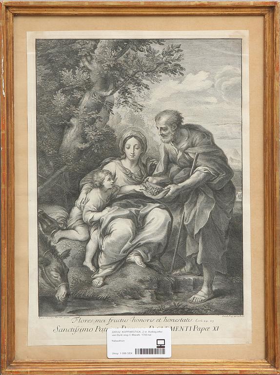 KOPPARSTICK, 2 st. Avdrag efter van Dyck resp C Maratti. 1700-tal.